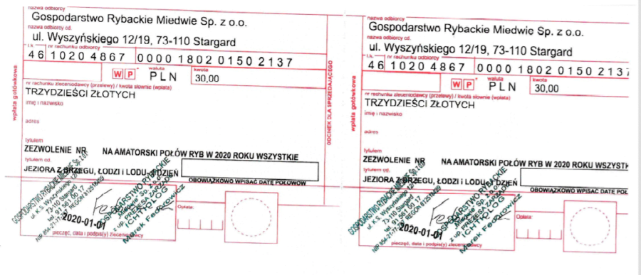 Zezwolenie Miedwie - OPŁATA MIEDWIE 2020